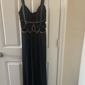 Betsy & Adam Elegant Black Maxi Dress with Gold Trim